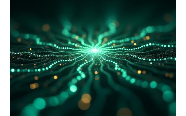 An abstract representation of interconnected data nodes and glowing lines, symbolizing innovation and future growth in health technology.