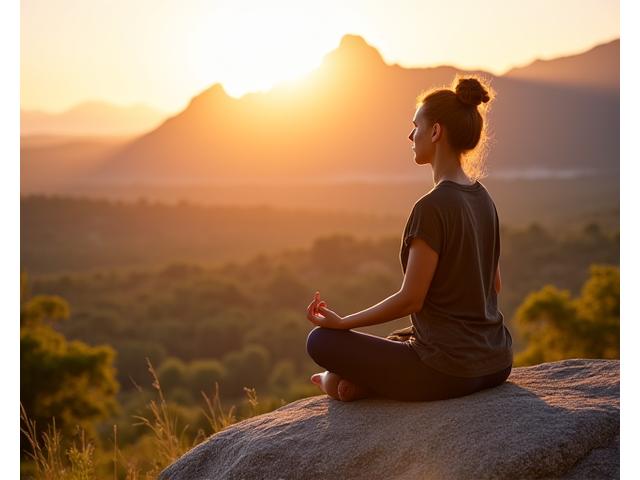 Mature woman meditating outdoor in Boulder, Colorado mountains, surrounded by nature, embodying peace and strength.