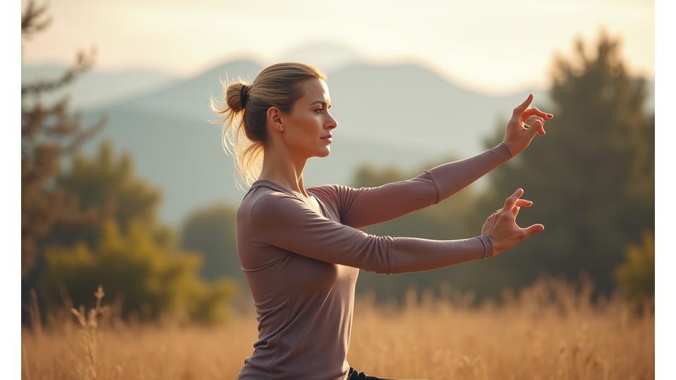 A balanced middle-aged individual performing a low-impact exercise outdoors with an augmented reality overlay showing real-time biometric data and form cues.