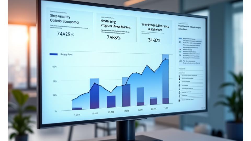 A dashboard showing clear, positive trend graphs for sleep, stress, and activity levels. User testimonials overlaid on data visualizations.