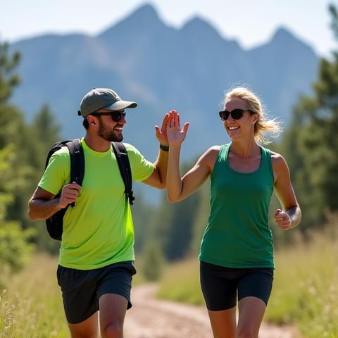 Two diverse adults 35+, one man and one woman, on an outdoor trail in Boulder, smiling and encouraging each other during an active wellness session, symbolizing accountability partners.