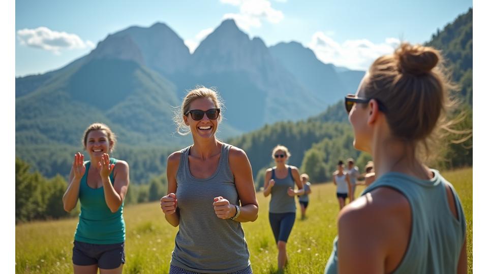 A vibrant photo of a group of adults 35+ enjoying an outdoor wellness activity, perhaps a yoga session or hike, against the backdrop of Boulder's Flatirons, emphasizing local community connection.