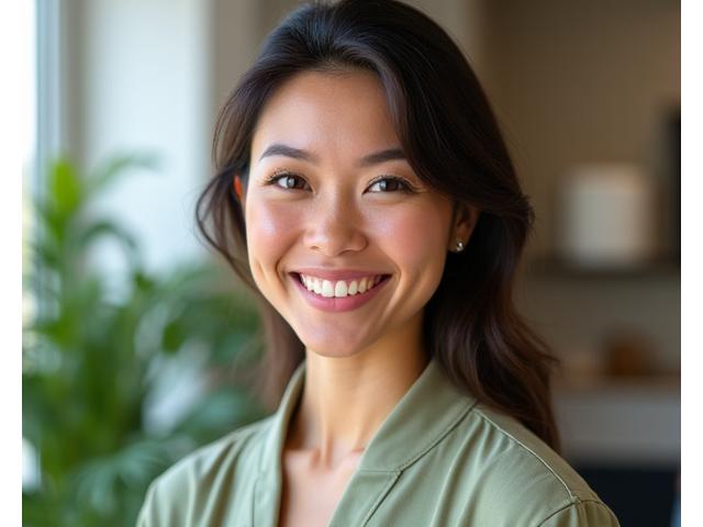 Portrait of a knowledgeable wellness expert, perhaps a registered dietitian or certified trainer, smiling confidently while engaging with a group online demonstrating professional moderation.
