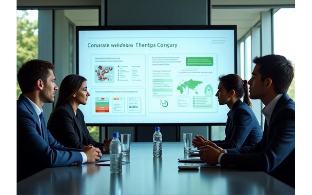 Diverse group of professionals collaborating around a presentation screen, showing wellness data insights