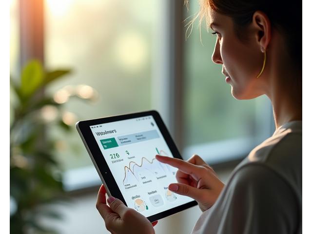 Woman scheduling a demo on a tablet, showing an intuitive wellness app interface with health data visualization