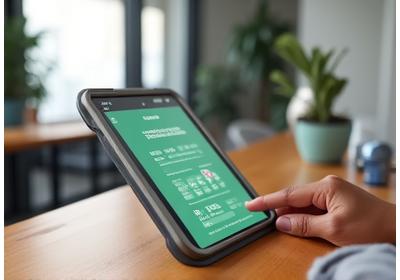 Modern, bright office space with a natural wood desk and a tablet displaying wellness data