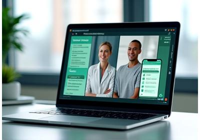 Two people video conferencing on a laptop, discussing health data on screen