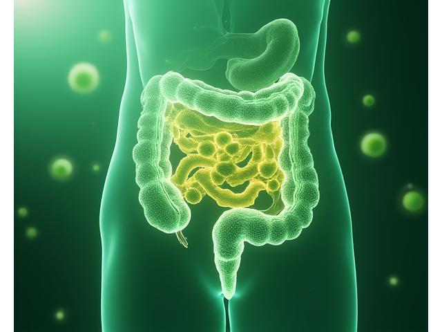Healthy gut microbiome represented by vibrant, glowing microbial cells within a digestive tract diagram.