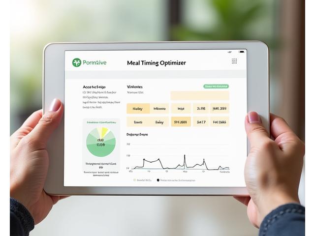 App interface showing a personalized meal timing schedule with charts and reminders.