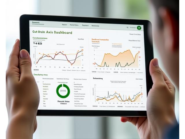 Dashboard illustrating the gut-brain connection with wellness trackers for stress, sleep, and digestive symptoms.