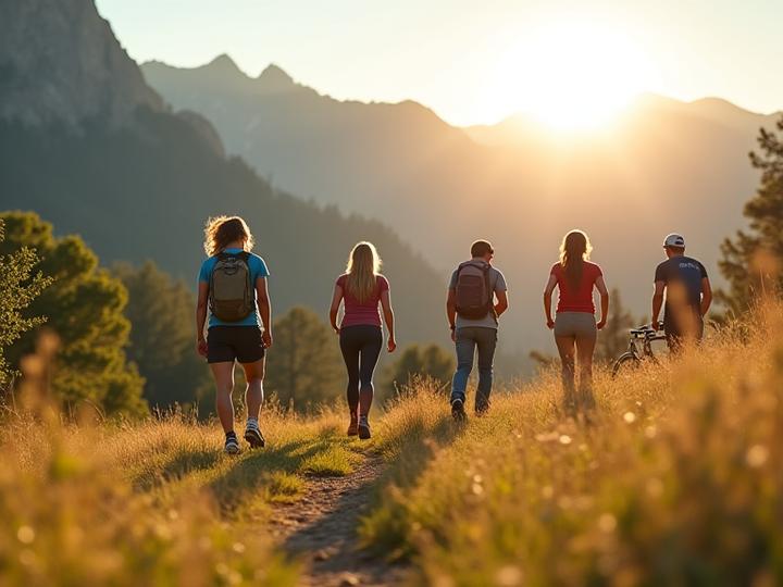 A diverse group of adults aged 35-55 engaging in various healthy activities like hiking, yoga, and cooking, set against a vibrant Boulder landscape, representing targeted wellness solutions.