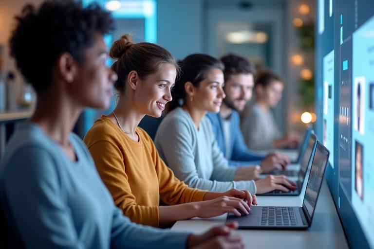 Diverse group of adults interacting positively in a health and wellness community forum on digital screens, signifying engagement and feedback.
