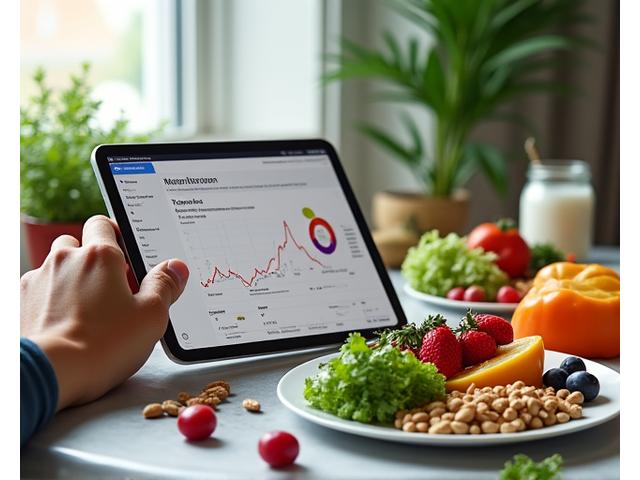 Person analyzing nutrient data on a tablet, with fresh produce in the foreground, representing metabolic health.