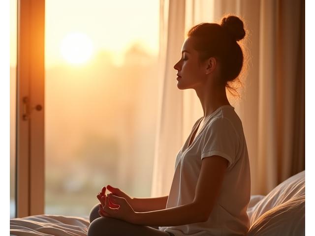 Woman practicing mindful breathing in a serene morning light, symbolizing sleep optimization.