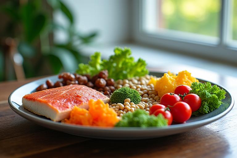 Balanced plate of healthy food with a subtle digital overlay of health metrics, illustrating metabolic health and nutrition.