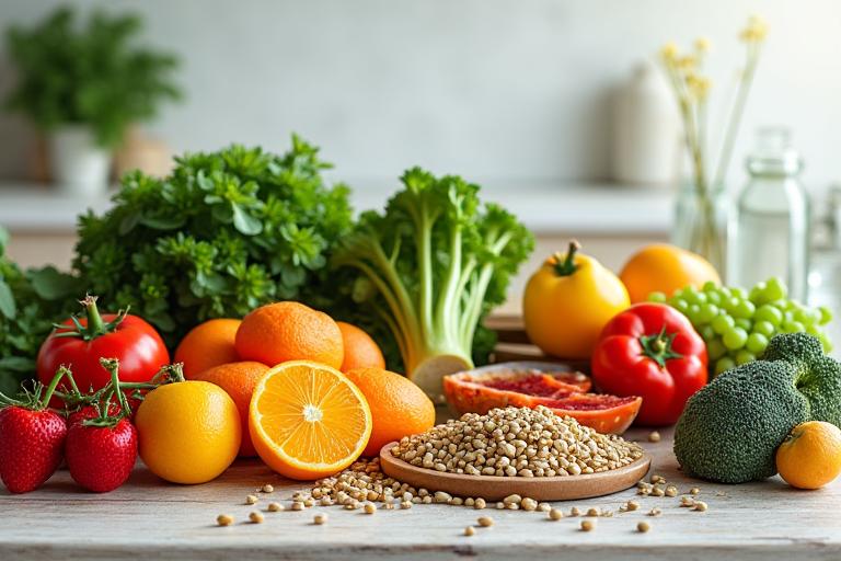 Colorful array of fresh, healthy produce and whole grains on a rustic wooden table, representing optimal nutrition.