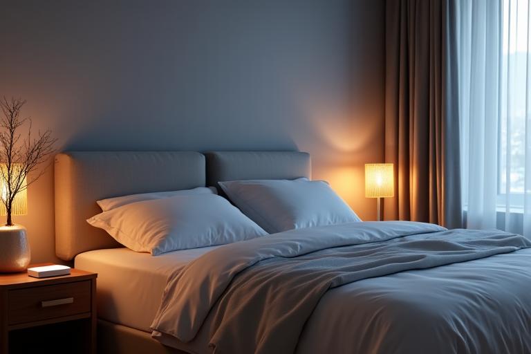 Serene bedroom with smart lighting and comfortable bedding, suggesting optimized sleep environment.