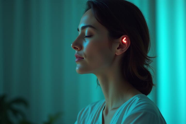 Person using a biofeedback device to monitor heart rate variability (HRV) during a meditation session, indicating stress management.