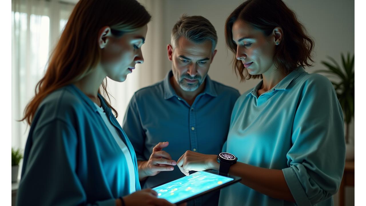A diverse group of adults aged 35+ engaging in a digital health assessment on a sleek tablet, with abstract data visualizations flowing around them, suggesting personalized insights and wearable integration. The scene is bright, clean, and forward-looking, emphasizing data-driven wellness.