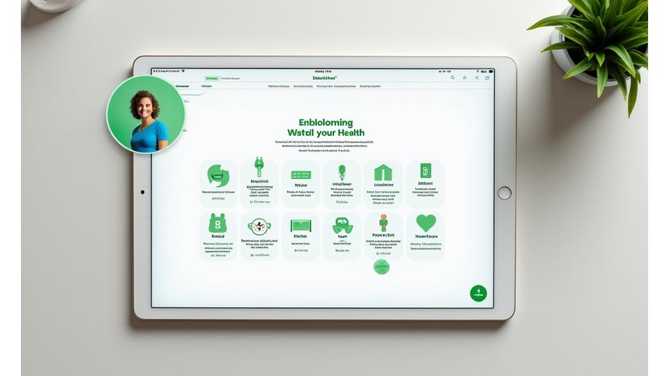 A user-friendly digital interface showing a step-by-step enrollment process for a health program, with clear progress indicators, icons for wearable device integration, and a smiling, relatable wellness coach in the corner offering virtual guidance. The interface adheres to ArborVitae's brand colors, conveying ease and trust.