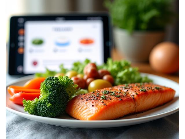 A vibrant, well-composed plate of food featuring lean protein, colorful vegetables, and healthy fats, with a subtle digital overlay suggesting data integration or personalized meal planning on a tablet in the background. The lighting is natural and inviting, conveying health and abundance.