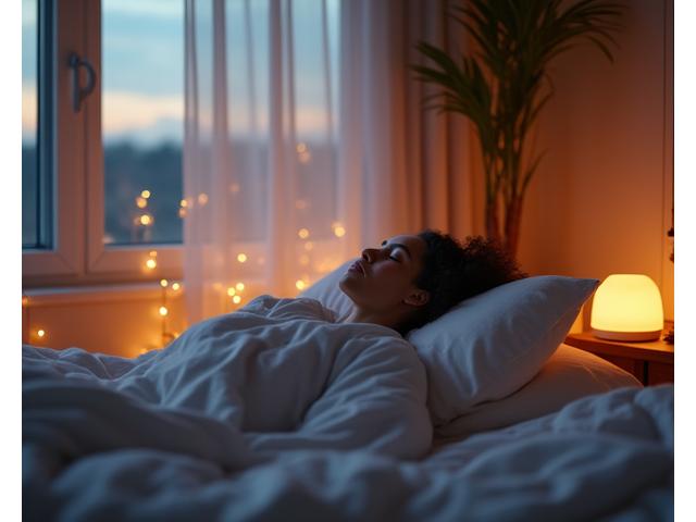 A serene image of a bedroom at dusk or dawn, softly lit, with a cozy bed and a person peacefully sleeping or meditating. Subtle elements suggest wellness, such as essential oil diffusers or a yoga mat. The overall mood is calm, restorative, and conducive to deep relaxation, emphasizing the link between sleep, stress, and metabolic health.