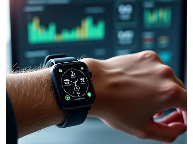 A close-up of a wrist wearing a sleek, modern smartwatch, displaying metabolic health metrics like heart rate variability, sleep stages, and activity levels. In the background, a blurred but identifiable laptop screen shows a comprehensive data dashboard with graphs and trends, representing seamless wearable data integration.