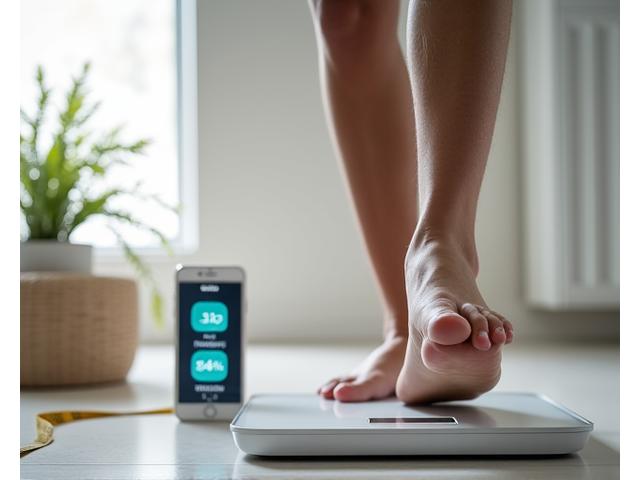 A person happily stepping on a smart scale, showing healthy weight indicators (not just numbers, but body composition metrics) on a connected device screen. The setting is bright and positive, focusing on progress and well-being rather than just weight loss, symbolizing sustainable health after 35.