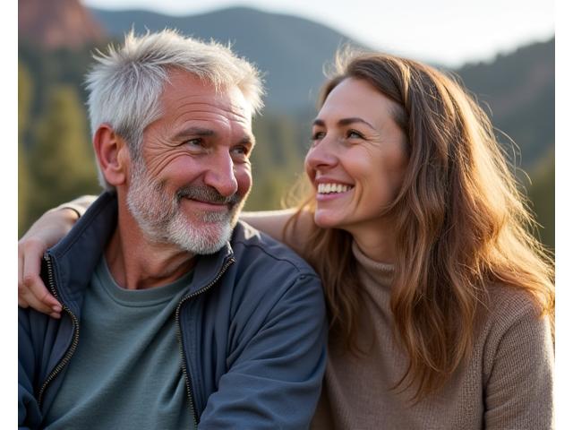 A 'before' photo of David, 55, and Anna, 53, looking slightly fatigued, next to an 'after' photo of them hiking in the Boulder open space, looking energetic and joyful, symbolizing improved joint health and overall vibrancy due to targeted metabolic interventions. Focus on activity and shared wellness journey.