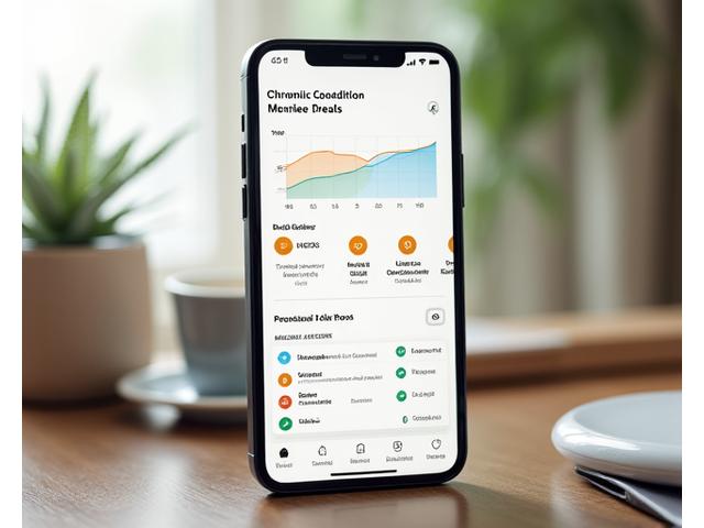Mobile app interface showing progress tracking for chronic condition management, with charts and medication reminders.