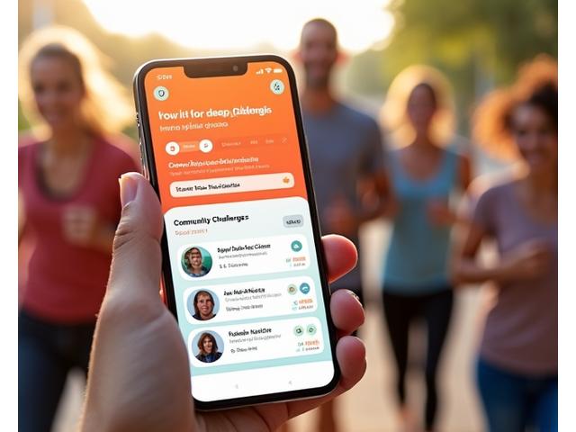 Image of a fitness tracking app with social features, showing a user interacting with a community challenge.