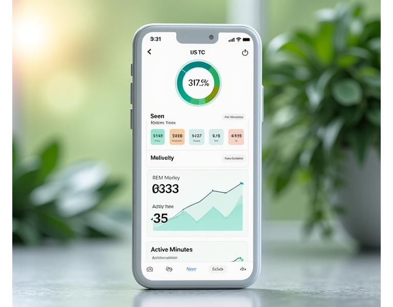 Interactive mobile health app interface displaying sleep quality, metabolic markers, and activity data, integrated with a secure data architecture flow.