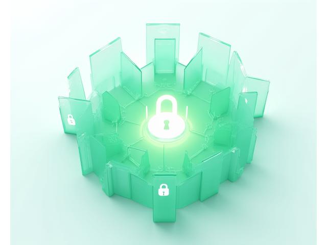 Abstract depiction of a secure data flow with encryption icons and HIPAA compliance badges.