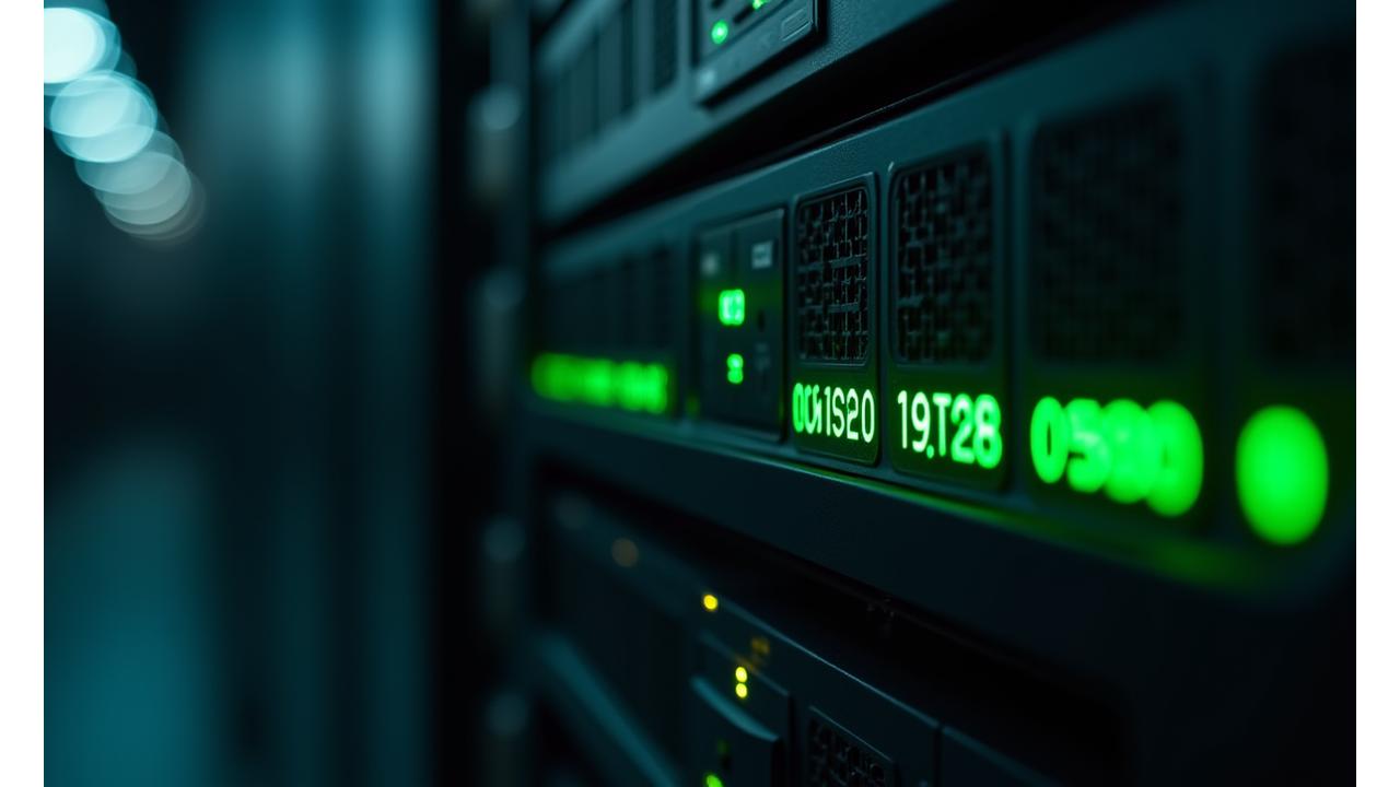 Close-up view of a secure server rack in a data center, with glowing green lights indicating active security, conveying robustness and advanced protection.
