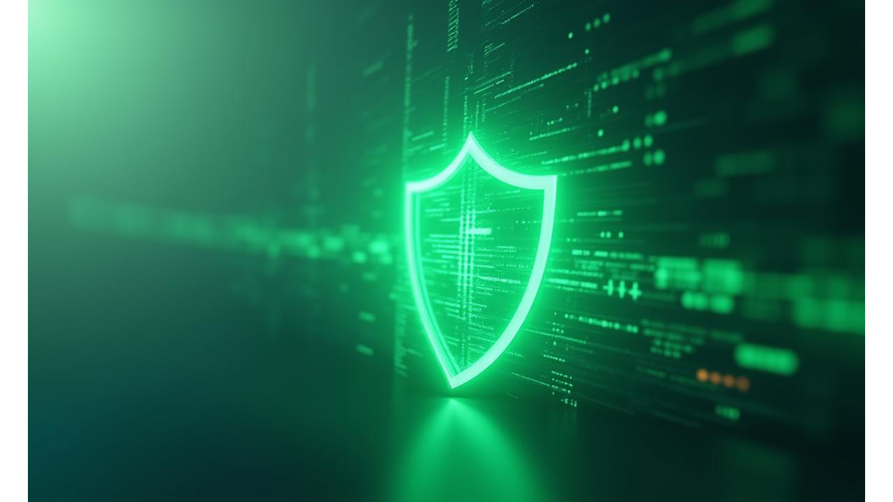 Abstract depiction of digital security with a green shield icon protecting data streams, against a clean, light background.
