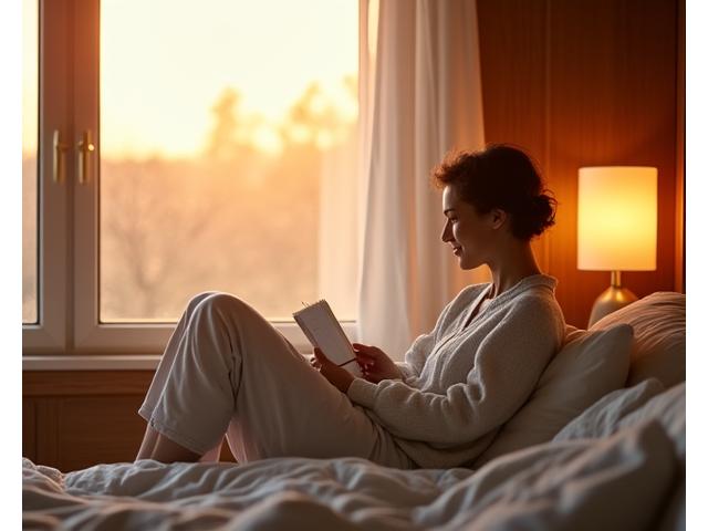 A balanced indoor scene with natural light entering, a person reading a physical book, and smart lighting system displaying warm tones. Emphasizes healthy circadian rhythm habits.