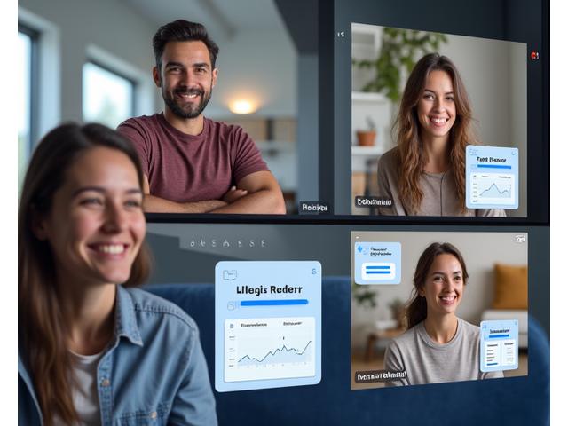 Diverse group of adults (35+) on a video call or in a webinar, actively participating in a sleep challenge, with graphs and encouraging chat messages visible on screens, representing community engagement and shared progress.