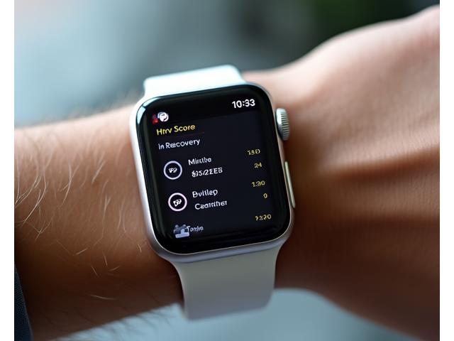 A close-up of a smartwatch display showing a high HRV (Heart Rate Variability) reading alongside sleep quality scores and recovery metrics, perhaps with a subtle graph in the background indicating positive trends.