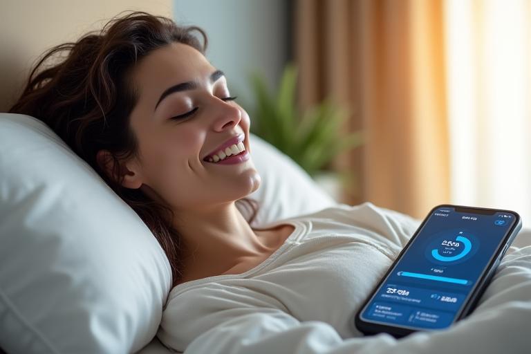 A serene, well-rested adult (35+) smiling gently in a bright, modern bedroom, smartphone displaying the ArborVitae app with a 'Sleep Score' dashboard, conveying success and well-being.