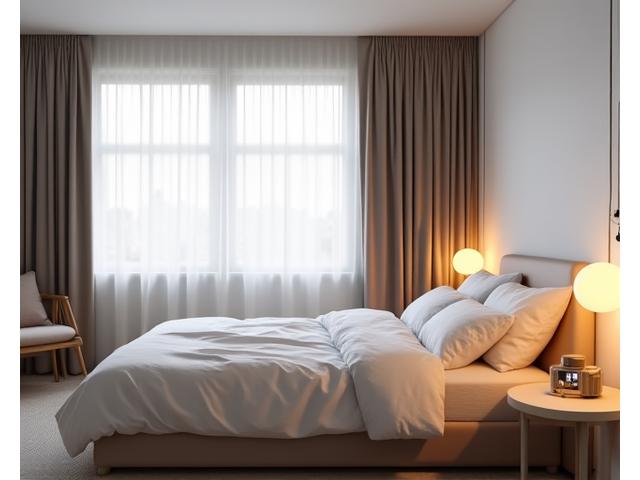 A pristine, minimalist bedroom environment with subtle intelligent lighting, temperature control device visible, and air purification subtly integrated, conveying calm and optimal conditions for rest.
