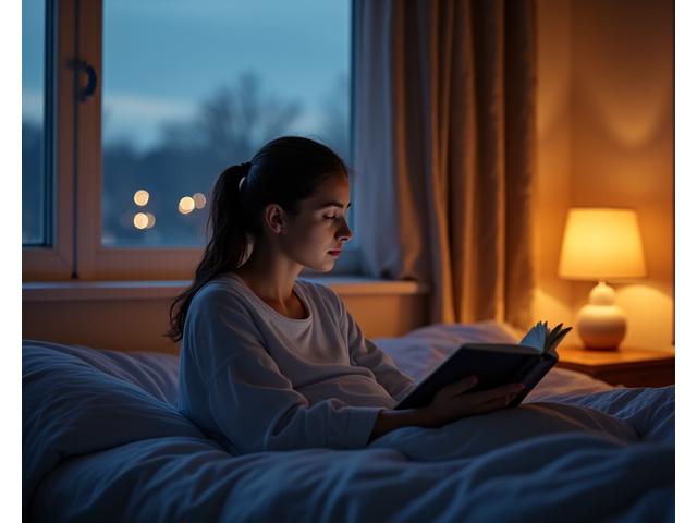 A serene indoor evening scene: an older adult (35+) practicing gentle stretching or light meditation in a softly lit bedroom, with a dim light and comfortable surroundings, emphasizing a relaxing pre-sleep ritual.