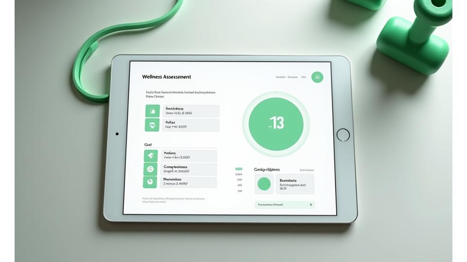 Digital interface of a wellness application showing a personalized fitness assessment and program matching screen, with graphs and user input fields.