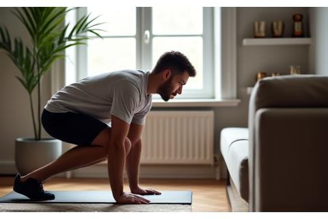 Woman (30s) doing a quiet, focused bodyweight squat in a minimalist living room, showcasing effective home workouts.