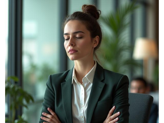 A professional in a modern office setting, subtly practicing a breathwork technique, a sense of calm and focus emanating from them.