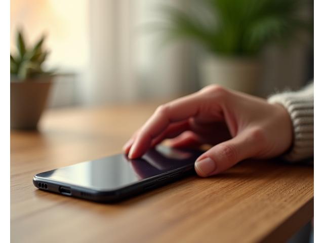 A hand gently placing a smartphone down on a wooden table, emphasizing a deliberate disconnect, with a soft, warm light surrounding the scene.