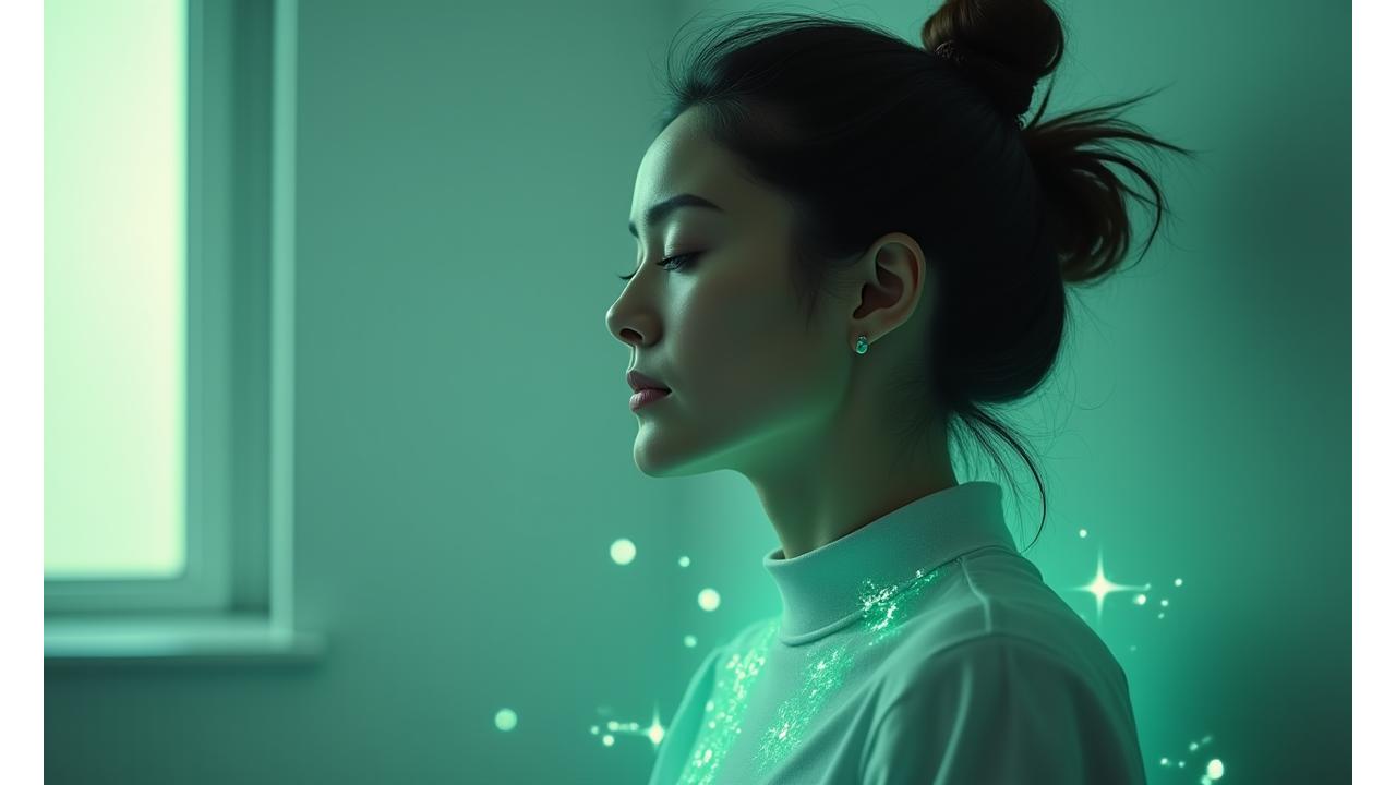 A serene individual practicing mindfulness with a subtle biometric overlay showing stress reduction, bathed in soft, calming light.