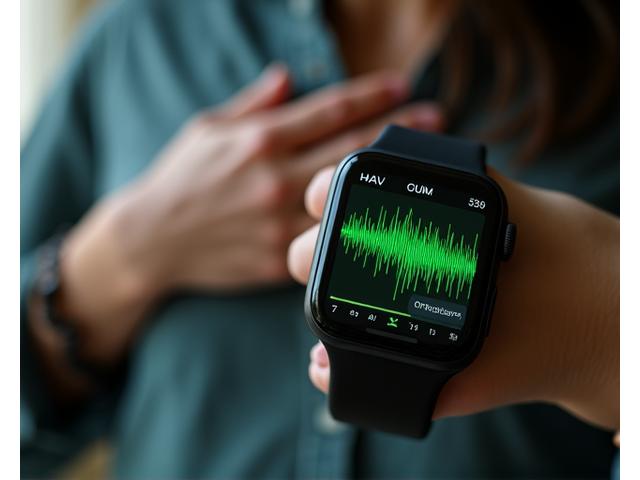 A close-up of a smartwatch screen displaying live HRV data and a glowing green 'optimal' indicator, with a blurred background of someone taking a deep, calming breath.