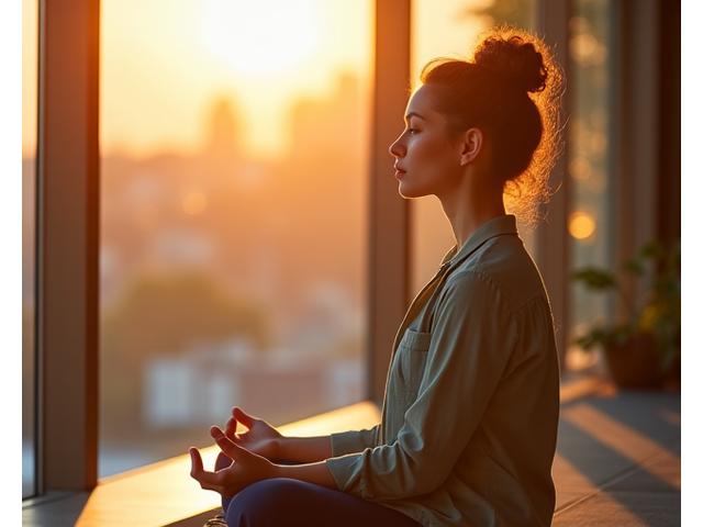 A busy professional taking a quick, focused micro-meditation break, a serene expression on their face amidst a subtle blur of a demanding environment.