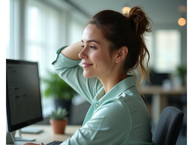A person performing a subtle desk-based stretch, promoting stress release and physical relief, within a professional office environment.