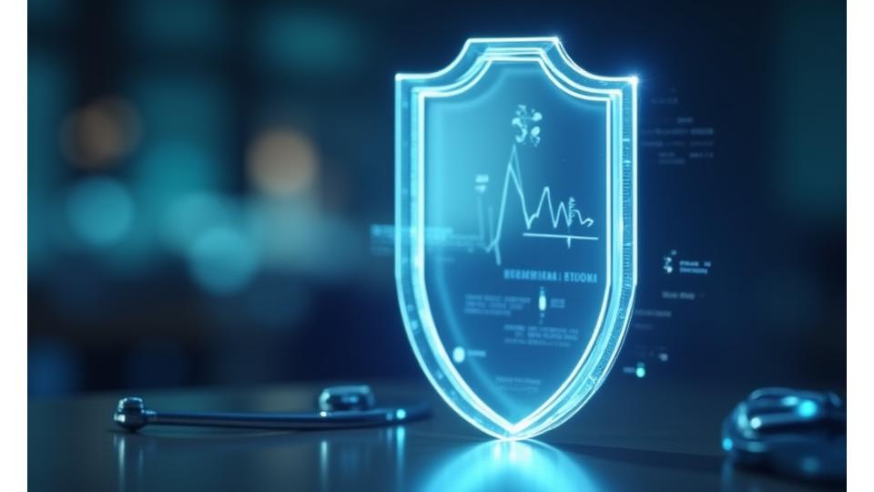 An abstract graphic of a digital shield protecting health data, symbolizing data privacy and disclaimers.